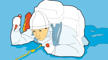 Illustration på en person som försöker ta sig upp ur en isvak med hjälp av isdubbar